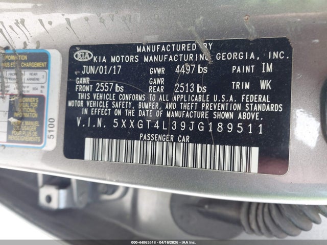 Aukcja sprzedaży 2018 Kia Optima Lx, vin: 5XXGT4L39JG189511, numer aukcji: 44863518