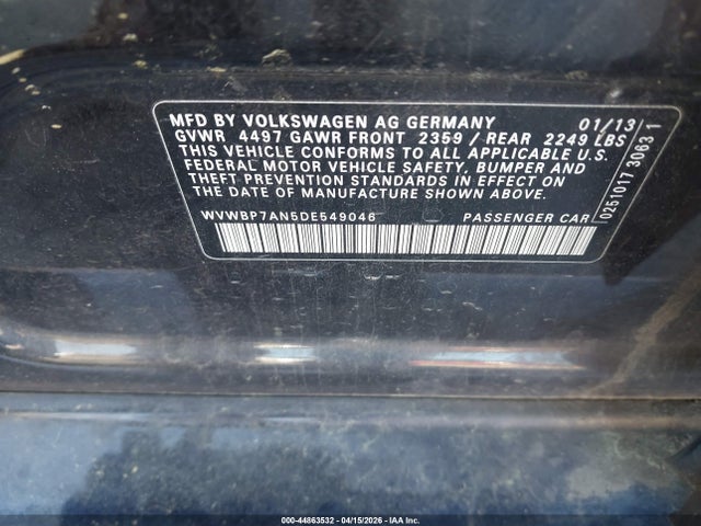 44863532 :رقم المزاد ، WVWBP7AN5DE549046 vin ، 2013 Volkswagen Cc 2.0t Sport مزاد بيع
