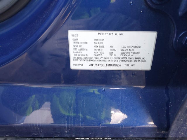 Aukcja sprzedaży 2022 Tesla Model Y Long Range Dual Motor All-wheel Drive, vin: 7SAYGDEE0NA018257, numer aukcji: 44863536
