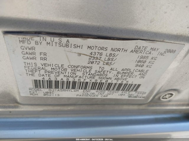 44863541 :رقم المزاد ، 4A3AB36FX9E017851 vin ، 2009 Mitsubishi Galant Es/sport Edition مزاد بيع