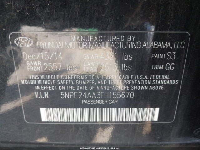 5NPE24AA3FH155670 Hyundai SONATA ECO