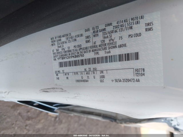 Продаж на аукціоні авто 2023 Ford Transit-250, vin: 1FTBR1C81PKB85793, номер лоту: 44863545