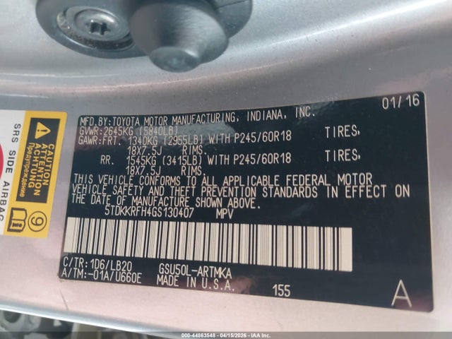 5TDKKRFH4GS130407 Toyota Highlander Xle V6