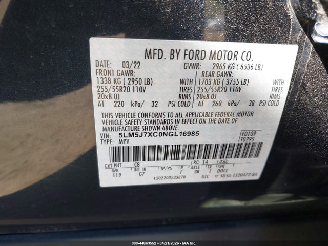Aukcja sprzedaży 2022 Lincoln Aviator Reserve, vin: 5LM5J7XC0NGL16985, numer aukcji: 44863552