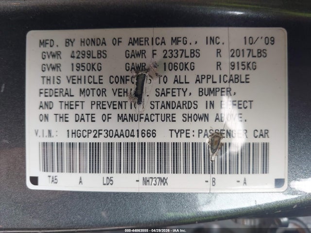 2010 Honda Accord 2.4 Lx მანქანა იყიდება აუქციონზე, vin: 1HGCP2F30AA041666, აუქციონის ნომერი: 44863555