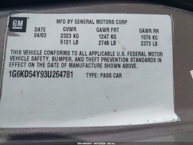 Продаж на аукціоні авто 2003 Cadillac Deville Standard, vin: 1G6KD54Y93U264781, номер лоту: 44863557