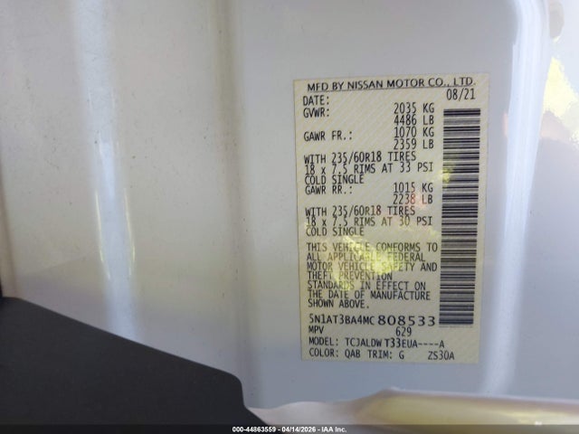 Aukcja sprzedaży 2021 Nissan Rogue Sv Fwd, vin: 5N1AT3BA4MC808533, numer aukcji: 44863559