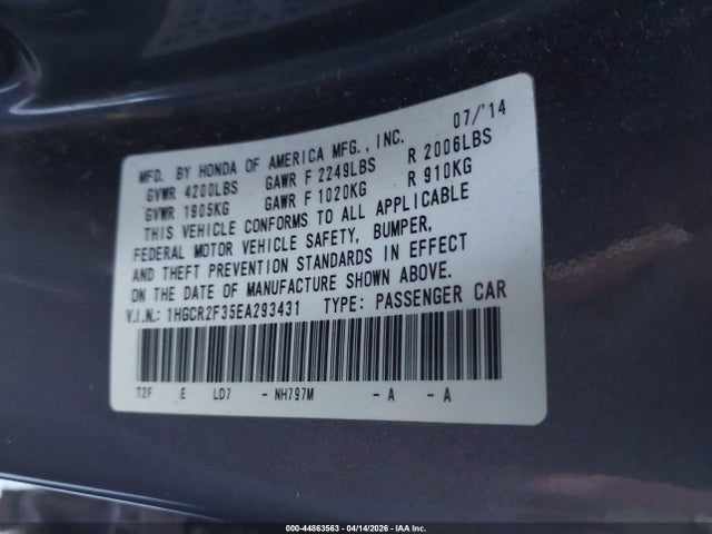 Продаж на аукціоні авто 2014 Honda Accord Lx, vin: 1HGCR2F35EA293431, номер лоту: 44863563