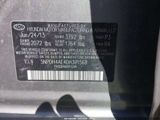 Продаж на аукціоні авто 2013 Hyundai Elantra Limited, vin: 5NPDH4AE4DH371568, номер лоту: 44863564