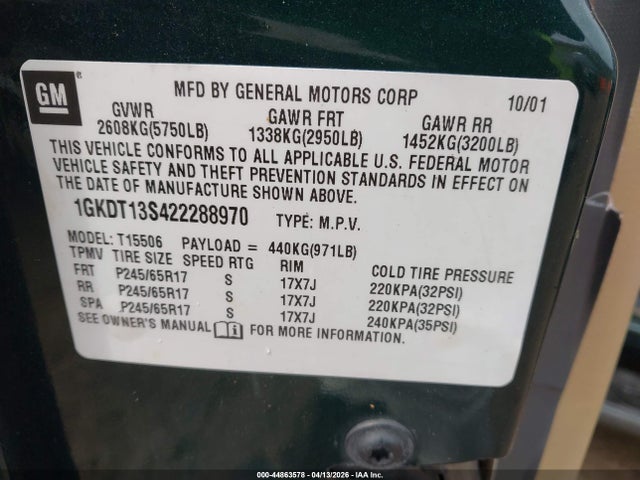Продаж на аукціоні авто 2002 Gmc Envoy Slt, vin: 1GKDT13S422288970, номер лоту: 44863578