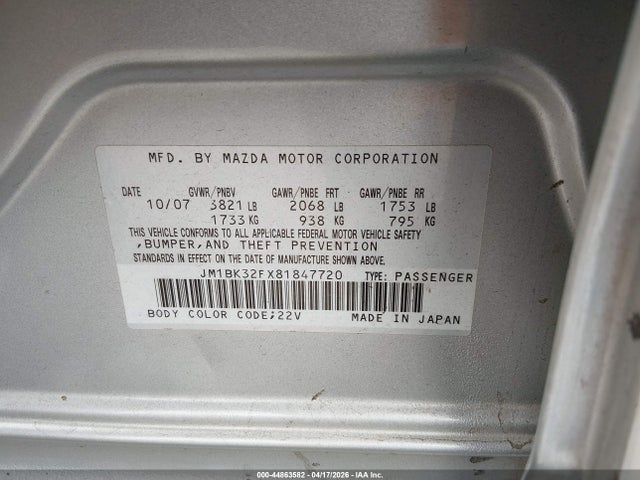 44863582 :رقم المزاد ، JM1BK32FX81847720 vin ، 2008 Mazda Mazda3 I مزاد بيع