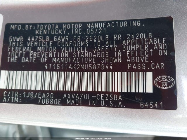 4T1G11AK2MU587944 Toyota CAMRY SE