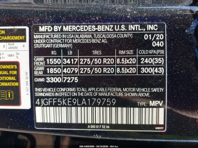 2020 Mercedes-benz Gls 450 4matic მანქანა იყიდება აუქციონზე, vin: 4JGFF5KE9LA179759, აუქციონის ნომერი: 44863590