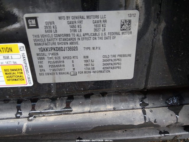 Aukcja sprzedaży 2013 Gmc Acadia Sle-2, vin: 1GKKVPKD8DJ136920, numer aukcji: 44863591