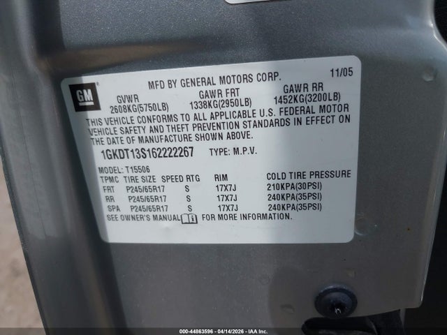 Aukcja sprzedaży 2006 Gmc Envoy Sle, vin: 1GKDT13S162222267, numer aukcji: 44863596