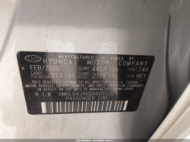 2025 Hyundai Sonata Sel მანქანა იყიდება აუქციონზე, vin: KMHL64JA6SA493136, აუქციონის ნომერი: 44863603
