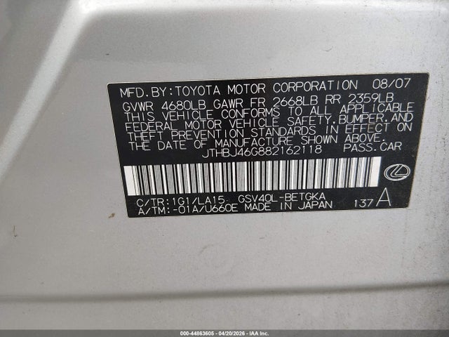 44863605 :رقم المزاد ، JTHBJ46G882162118 vin ، 2008 Lexus Es 350 مزاد بيع