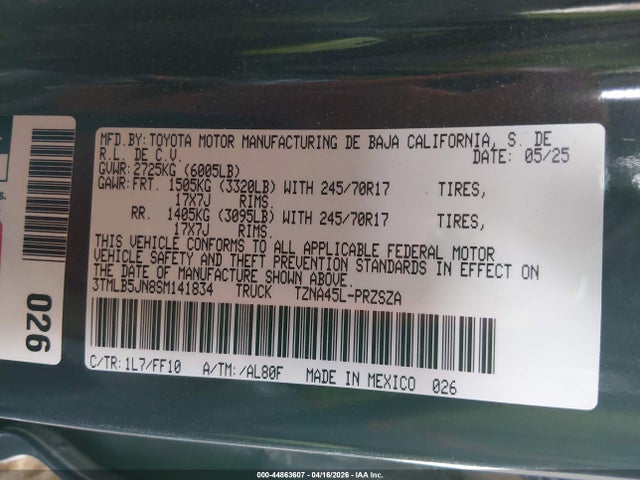 44863607 :رقم المزاد ، 3TMLB5JN8SM141834 vin ، 2025 Toyota Tacoma Sr5 مزاد بيع
