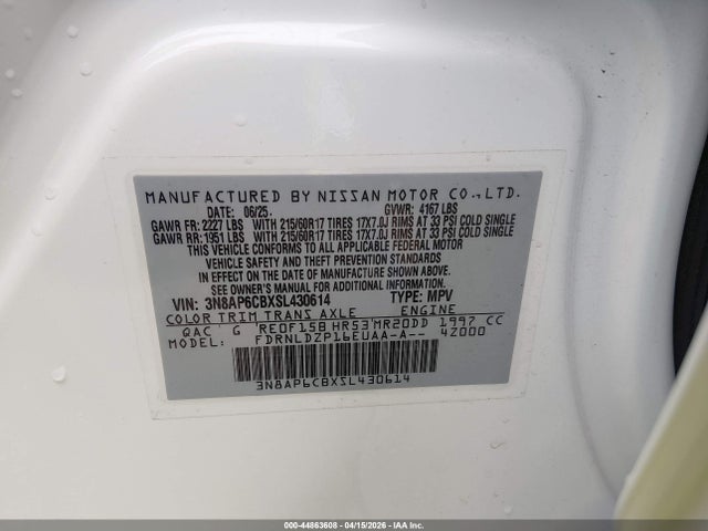 44863608 :رقم المزاد ، 3N8AP6CBXSL430614 vin ، 2025 Nissan Kicks Sv Intelligent Awd مزاد بيع