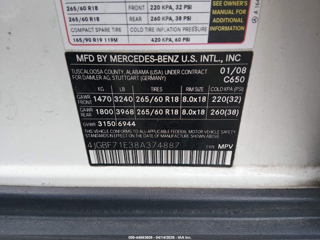 44863609 :رقم المزاد ، 4JGBF71E38A374887 vin ، 2008 Mercedes-benz Gl 450 4matic مزاد بيع
