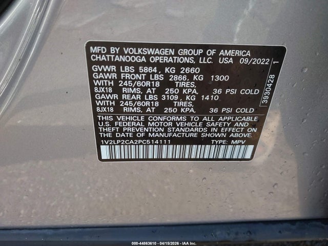 44863610 :رقم المزاد ، 1V2LP2CA2PC514111 vin ، 2023 Volkswagen Atlas 2.0t Se مزاد بيع