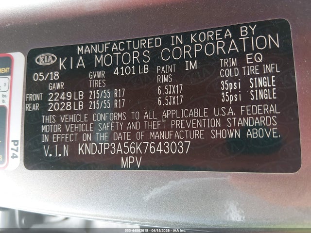 2019 Kia Soul + მანქანა იყიდება აუქციონზე, vin: KNDJP3A56K7643037, აუქციონის ნომერი: 44863618