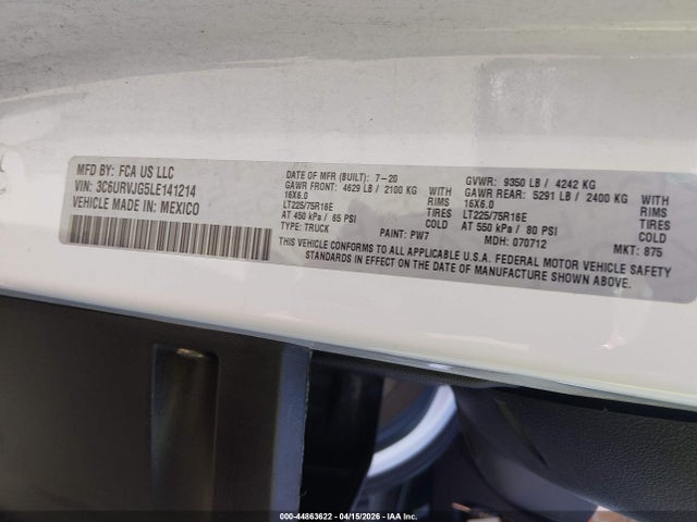 44863622 :رقم المزاد ، 3C6URVJG5LE141214 vin ، 2020 Ram Promaster 3500 Cargo Van High Roof 159 Wb Ext مزاد بيع