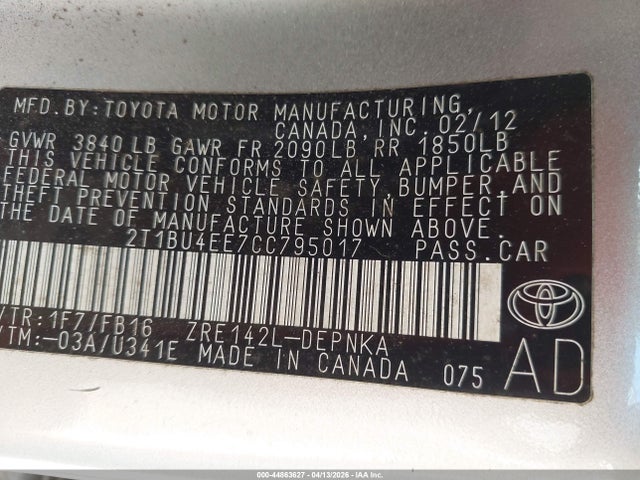2012 TOYOTA COROLLA 2T1BU4EE7CC795017 Photo 8