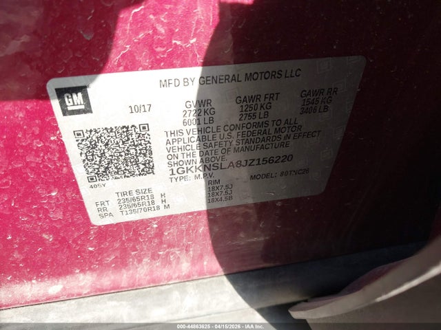 Aukcja sprzedaży 2018 Gmc Acadia Sle-2, vin: 1GKKNSLA8JZ156220, numer aukcji: 44863625