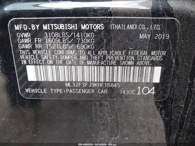 Продаж на аукціоні авто 2019 Mitsubishi Mirage G4 Es, vin: ML32F3FJ9KHF16845, номер лоту: 44863635