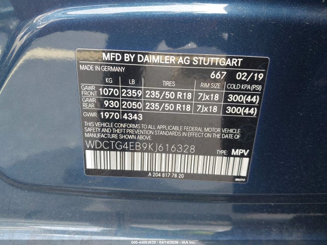 44863639 :رقم المزاد ، WDCTG4EB9KJ616328 vin ، 2019 Mercedes-benz Gla 250 مزاد بيع