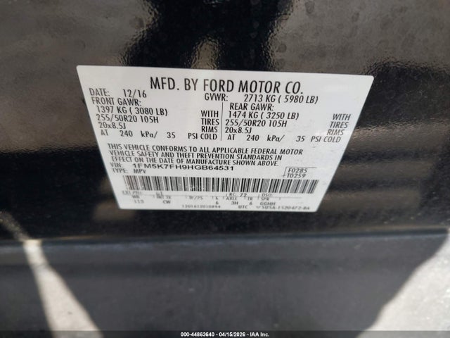 1FM5K7FH9HGB64531 Ford Explorer Limited