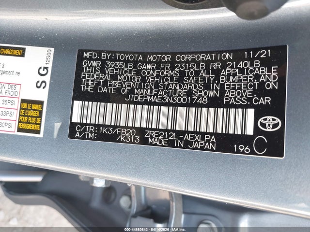 Auction sale of the 2022 Toyota Corolla Le, vin: JTDEPMAE3N3001748, lot number: 44863643