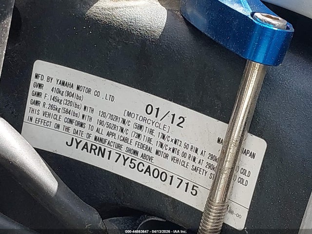 Aukcja sprzedaży 2012 Yamaha Fz1 Sc, vin: JYARN17Y5CA001715, numer aukcji: 44863647