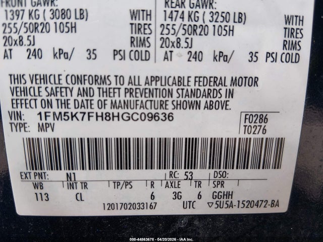 44863678 :رقم المزاد ، 1FM5K7FH8HGC09636 vin ، 2017 Ford Explorer Limited مزاد بيع
