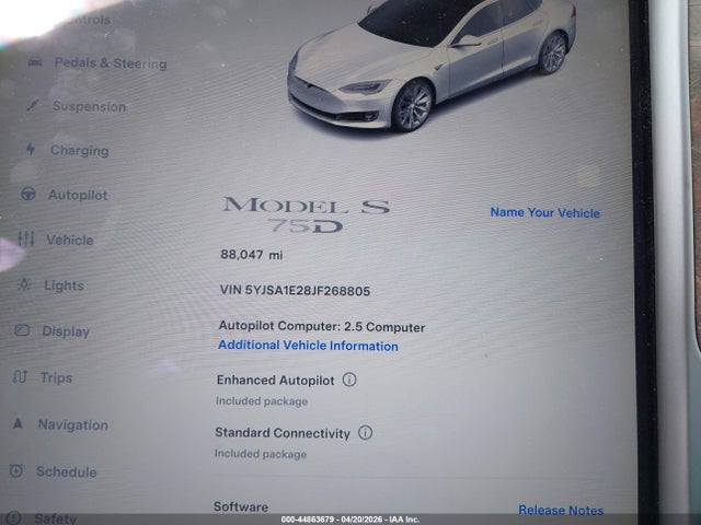 Продаж на аукціоні авто 2018 Tesla Model S 100d/75d/p100d, vin: 5YJSA1E28JF268805, номер лоту: 44863679