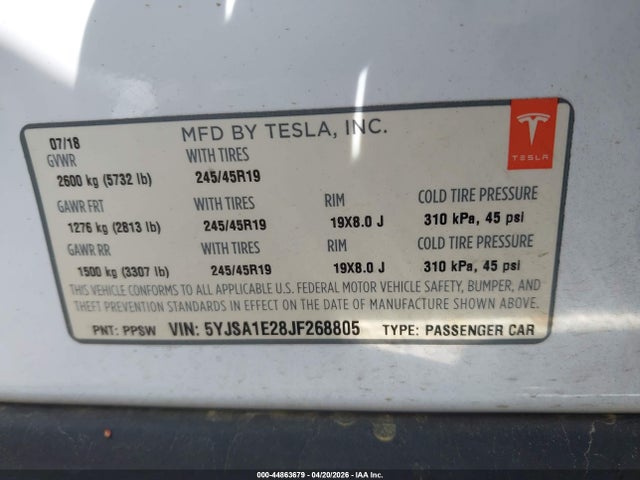 Продаж на аукціоні авто 2018 Tesla Model S 100d/75d/p100d, vin: 5YJSA1E28JF268805, номер лоту: 44863679