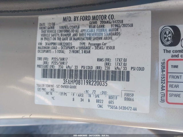 2009 FORD FUSION 3FAHP08119R220035 Photo 8