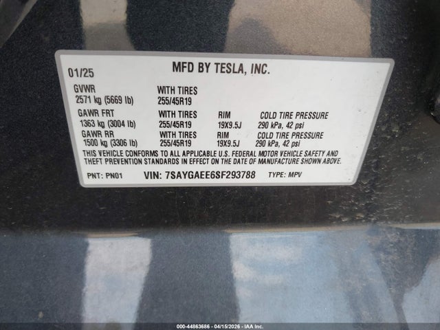 Aukcja sprzedaży 2025 Tesla Model Y Long Range Dual Motor All-wheel Drive, vin: 7SAYGAEE6SF293788, numer aukcji: 44863686