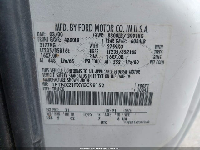 44863691 :رقم المزاد ، 1FTNX21FXYEC98152 vin ، 2000 Ford F-250 Lariat/xl/xlt مزاد بيع