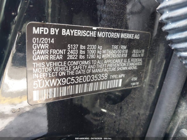 Aukcja sprzedaży 2014 Bmw X3 Xdrive28i, vin: 5UXWX9C53E0D35358, numer aukcji: 44863692