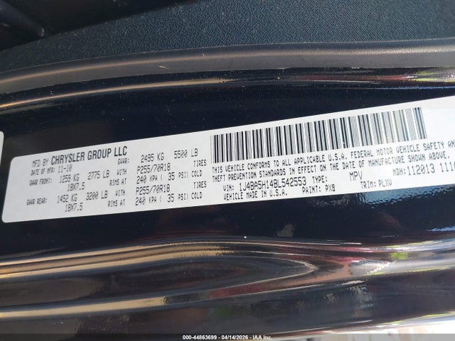44863699 :رقم المزاد ، 1J4BA5H14BL542553 vin ، 2011 Jeep Wrangler Unlimited Sahara مزاد بيع