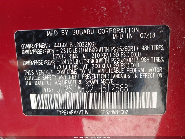 Продажа на аукционе авто 2018 Subaru Forester 2.5i Premium, vin: JF2SJAEC2JH612588, номер лота: 44863709