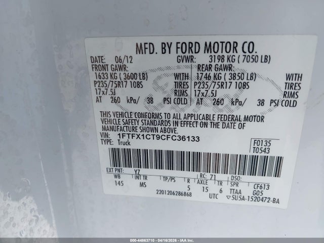 Продажа на аукционе авто 2012 Ford F-150 Xlt, vin: 1FTFX1CT9CFC36133, номер лота: 44863710