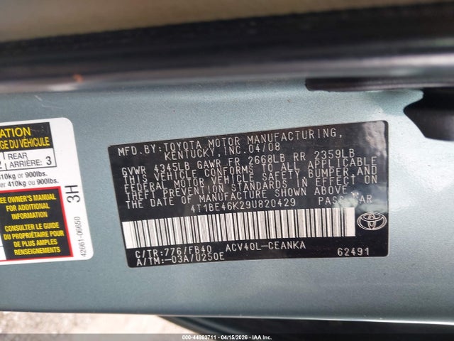 2009 Toyota Camry Le მანქანა იყიდება აუქციონზე, vin: 4T1BE46K29U820429, აუქციონის ნომერი: 44863711
