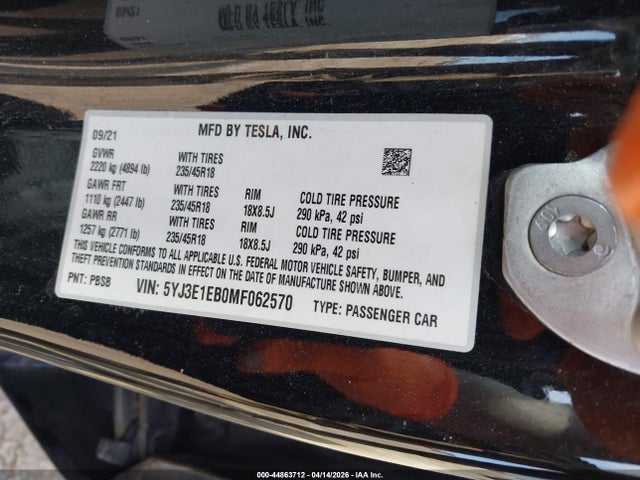 Aukcja sprzedaży 2021 Tesla Model 3 Long Range Dual Motor All-wheel Drive, vin: 5YJ3E1EB0MF062570, numer aukcji: 44863712