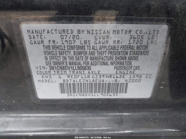 Nissan Versa S Xtronic Cvt 2020 3N1CN8DV1LL905635 Image 9