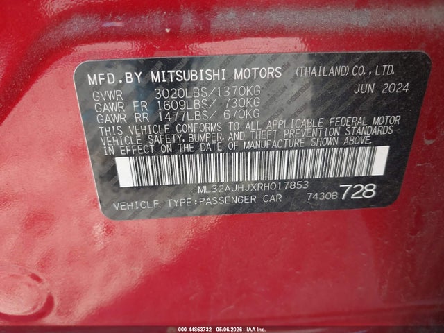 Aukcja sprzedaży 2024 Mitsubishi Mirage Es/le, vin: ML32AUHJXRH017853, numer aukcji: 44863732