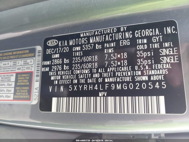 Aukcja sprzedaży 2021 Kia Sorento Ex, vin: 5XYRH4LF9MG020545, numer aukcji: 44863736