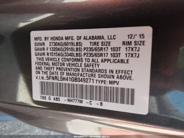 44863737 :رقم المزاد ، 5FNRL5H41GB049271 vin ، 2016 Honda Odyssey Ex مزاد بيع